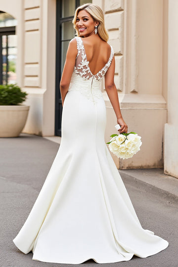 Ivory V-Neck Lace Satin Mermaid Wedding Dress